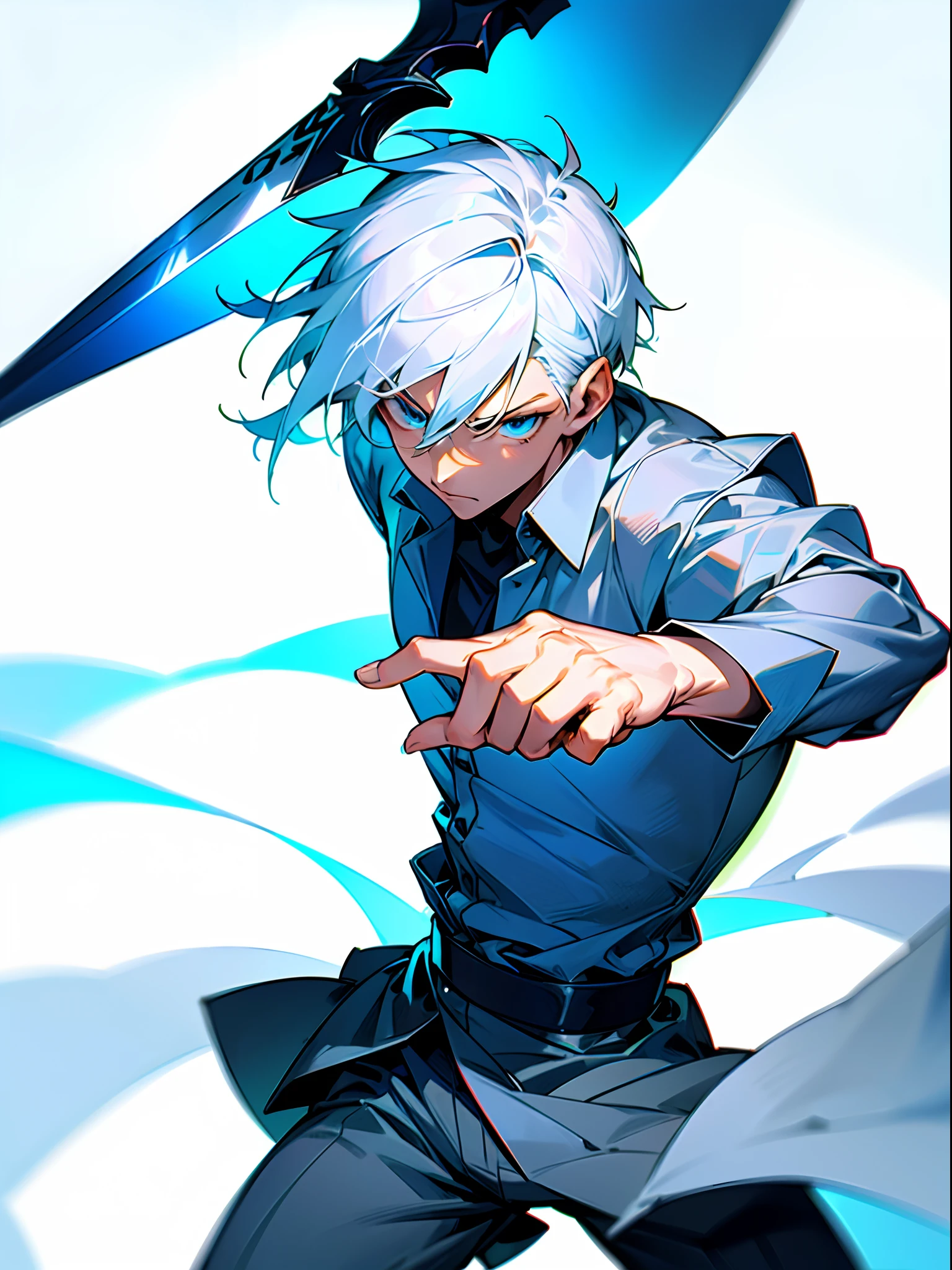 Handsome man , White hair , Short hair , Blue eyes , light skin , muscular, facing the viewer, holding a sword , intensity on his face, ready to fight, wearing a back button up , Solo Character , perfect anatomy, wearing baggy clothes , looks tired