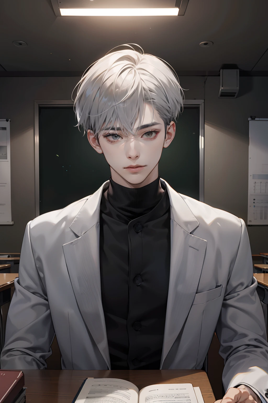 Anime Kpop boy, fade cut grey hair, black turtle neck suit, inside class school background