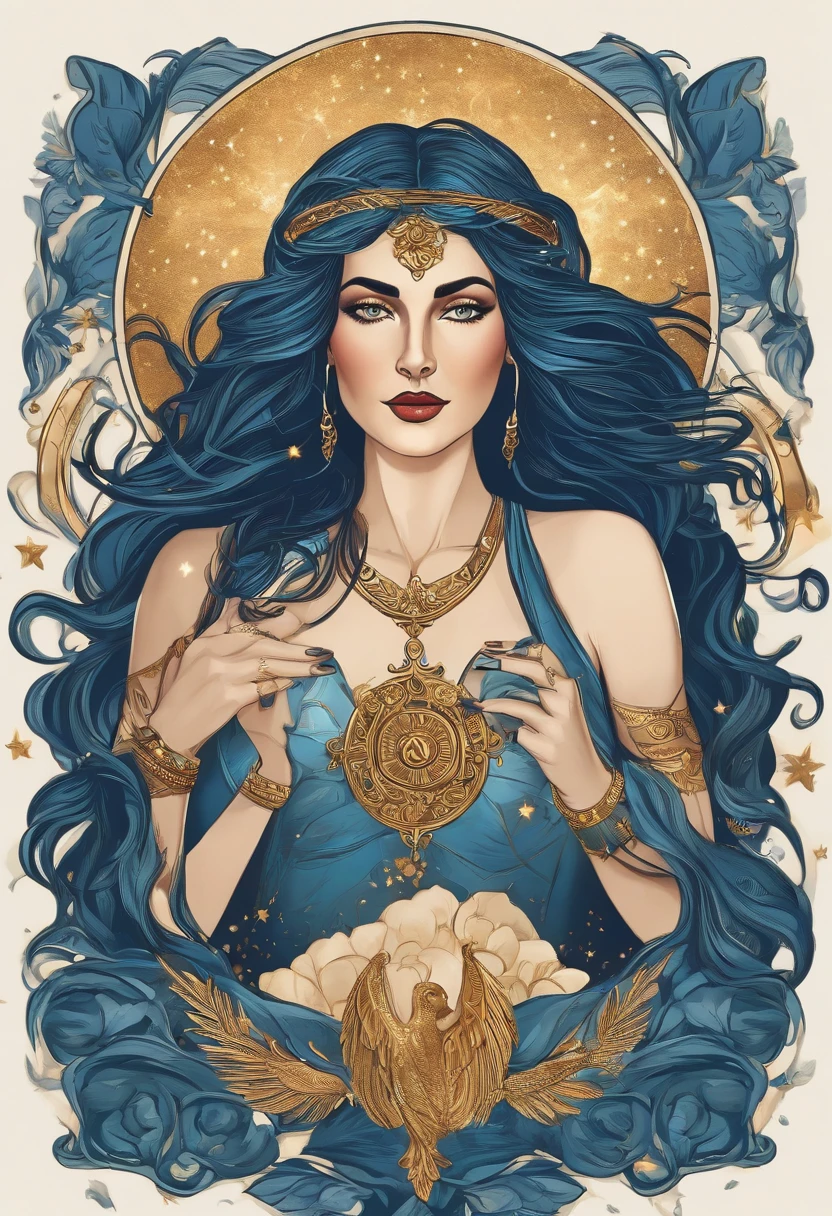 ( High quality , Ultra-detailliert, vorsichtig mit der Hand )Zodiac sign - Sagittarius goddess , Similar to Latin goodness . Optimistisch, Ehrlich gesinnt, Lustiges und intellektuelles Gesicht . Leichtsinnig, kaltherzig, ungeduldig, Exuberant style . dunkelblaue Augen (Augen-Detail) , Tiefblaues Haar mit Bling-Bling , transparentes Kleid , Im Ozean mit Sternen , full entire body , Feuer-Make-up-Look , Gott Chiron