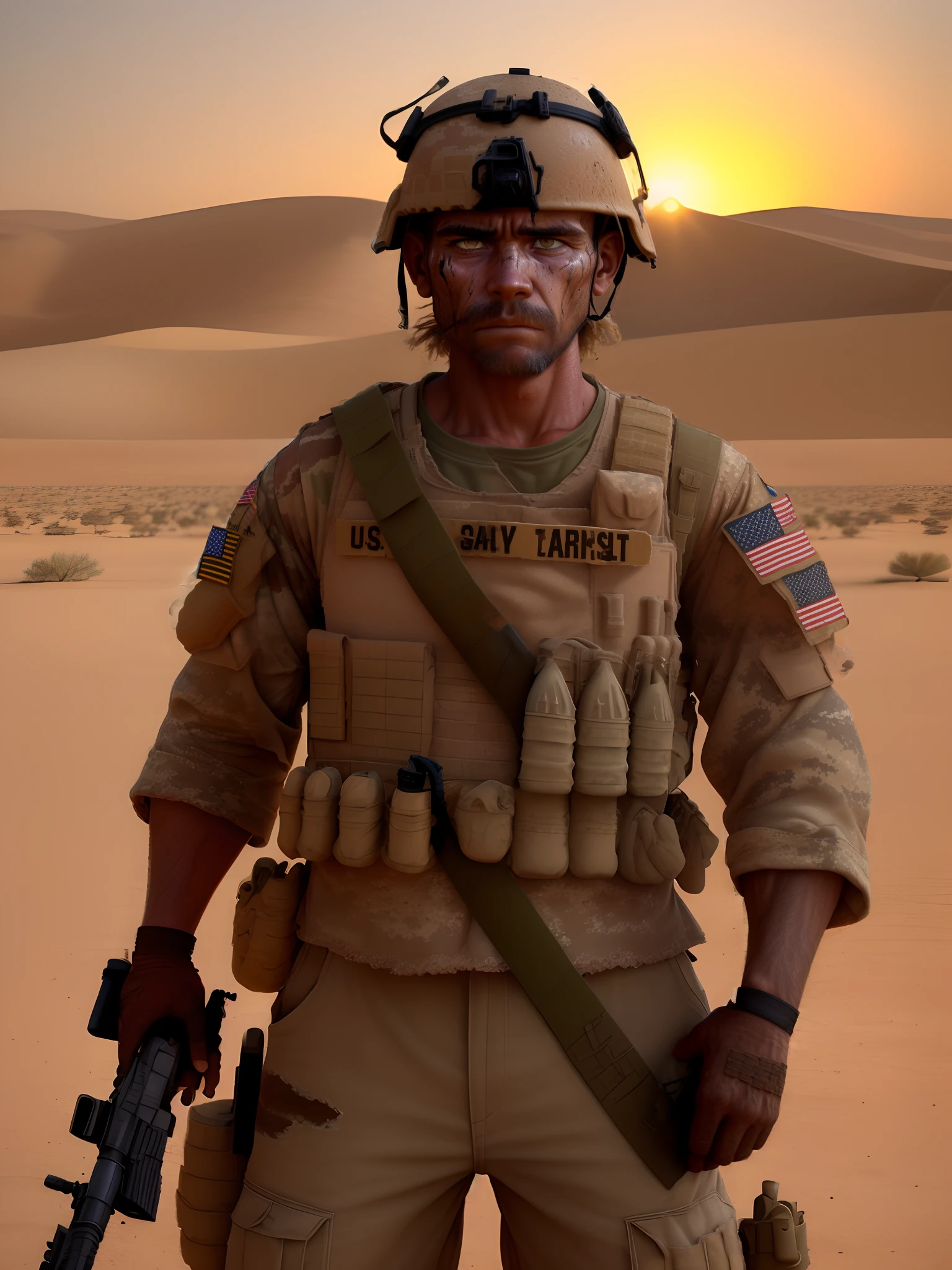 Us army soldier, war torn, desert, hazy, hot, grizzled, wearing desert combat gear, Middle East, dirty, windy, hyper realistic, sunset, m4 rifle, destruction, village, sad, emotional, tired, high quality