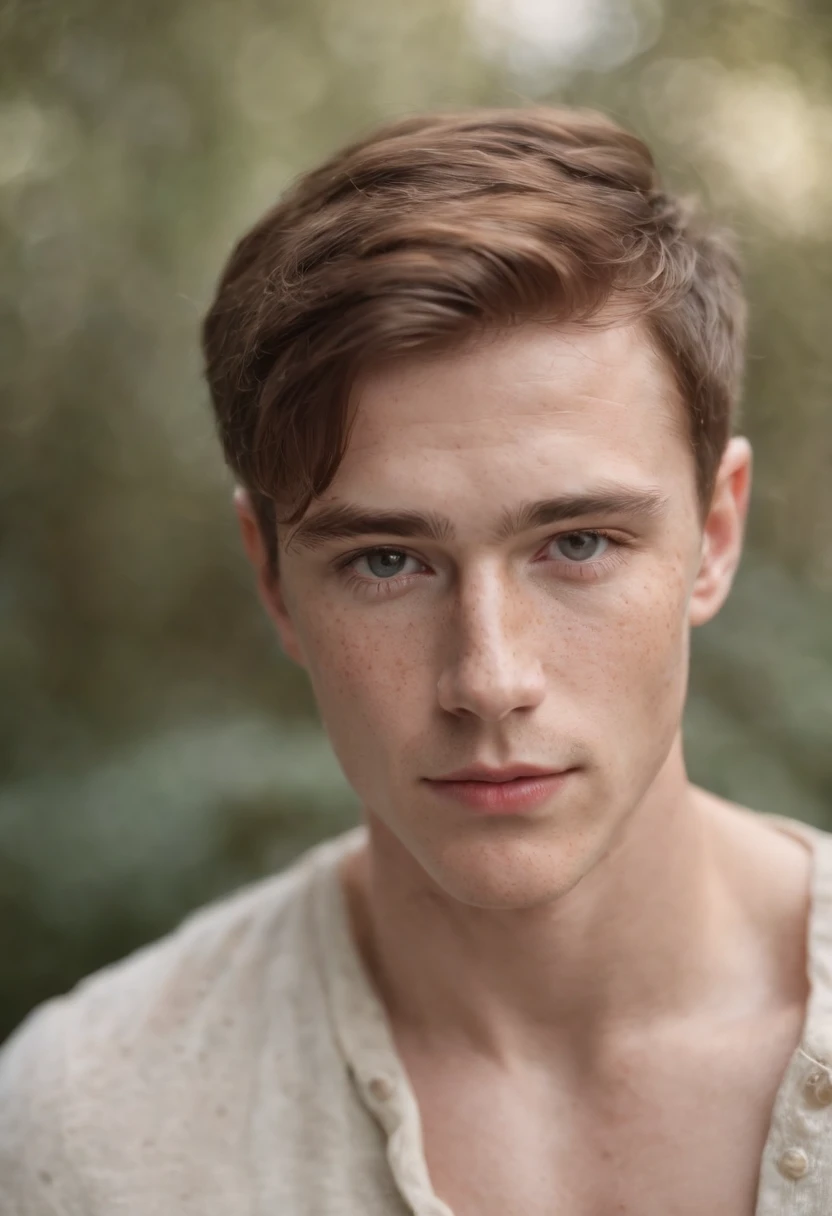 young male with freckles, in the style of nature-inspired forms, back button focus, texture, fujifilm natura 1600, feminine body, uhd image