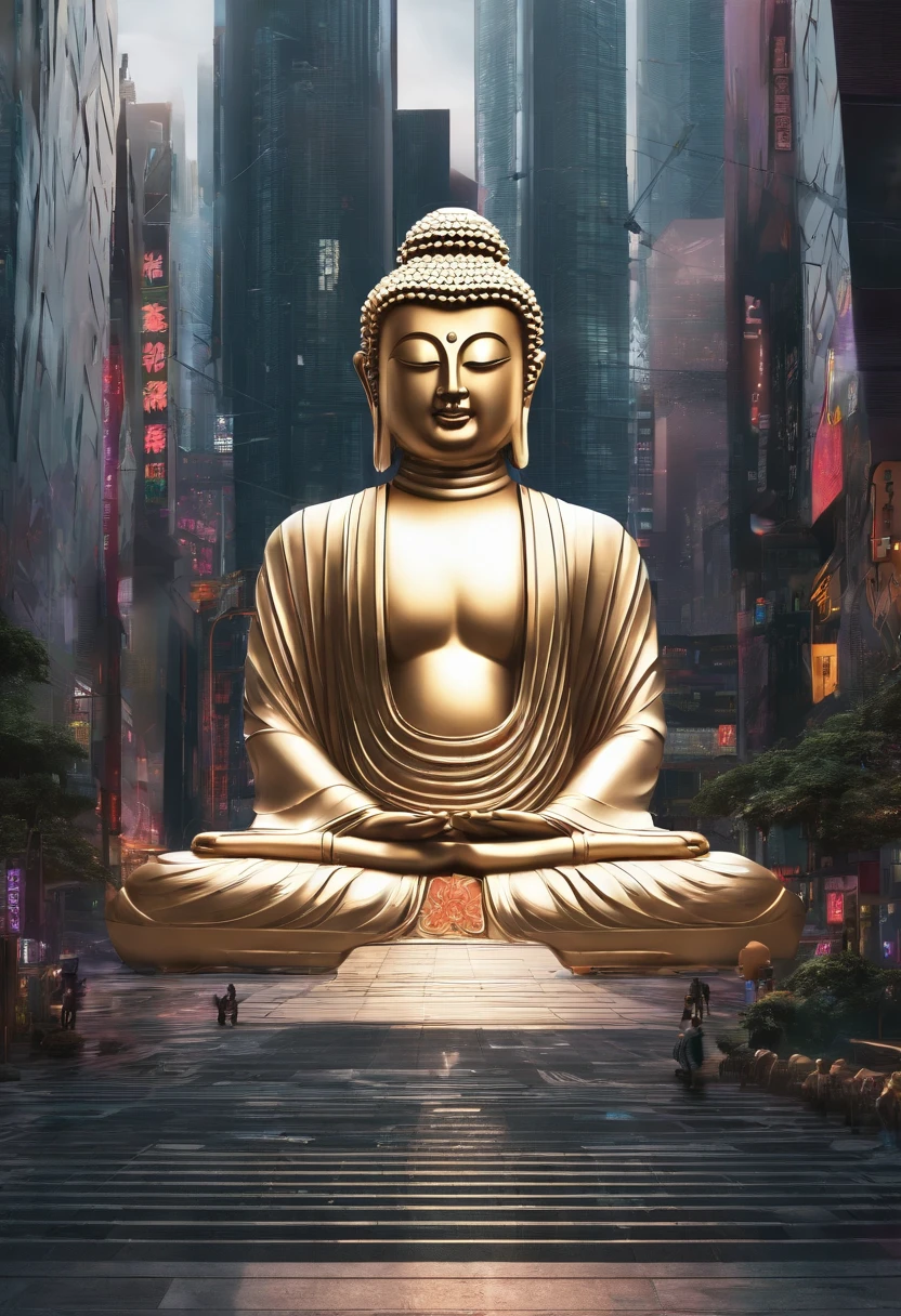 (Towering Buddha statue in the distance:1.5),(Cyberpunk city setting:1.2),(photo-realistic:1.4),(Best quality:1.0),(Highly concerned:1.0),8K,RAW photo,(Masterpiece:0.2),Ultra-detailed,(Pilgrims on the road:0.8),A giant tall Buddha statue in the distance,Pilgrims on the road