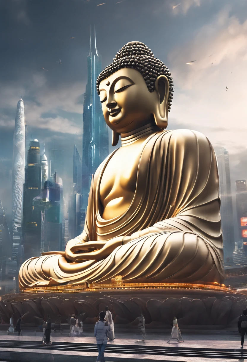 (The upper body of a giant tall Buddha statue in the distance:1.5,),(race
Bopunk city background:1.2),(真实感:1.4),(best qualtiy:1.0),(Super high ratings:1.0),8K, RAW photos,(tmasterpiece:0.2),ultra - detailed,(Pilgrims on the road:0.8)