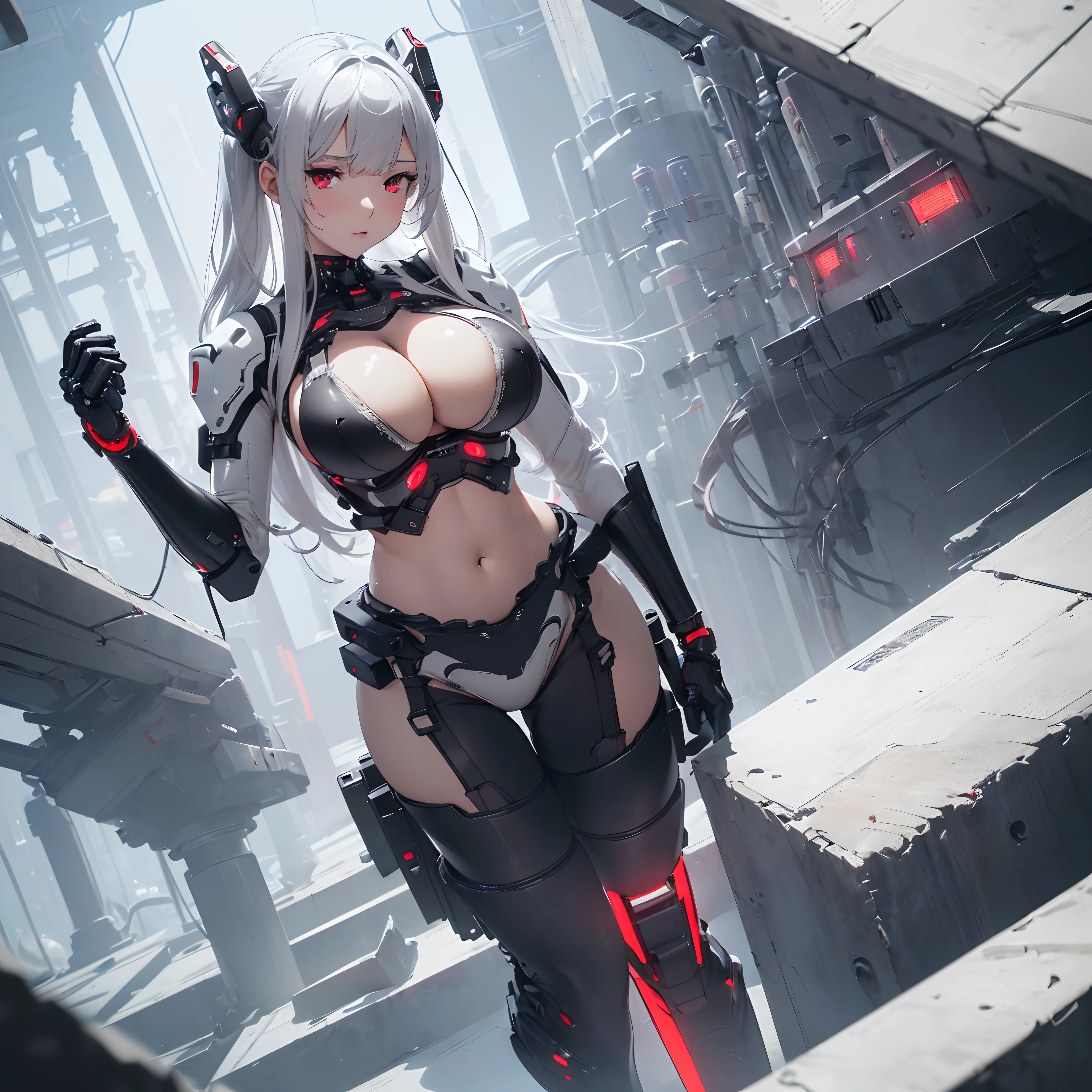 (8K, best quality, illustration, ultra detailed, high-resolution:1.3), (masterpiece: 1.25), ((1 girl)), (large breast), silver hair, red eyes, exposed cleavage, showing stomach, (sexy black/white cybernetic lingerie exosuit:1.4), clear facial features, curvy, thicc