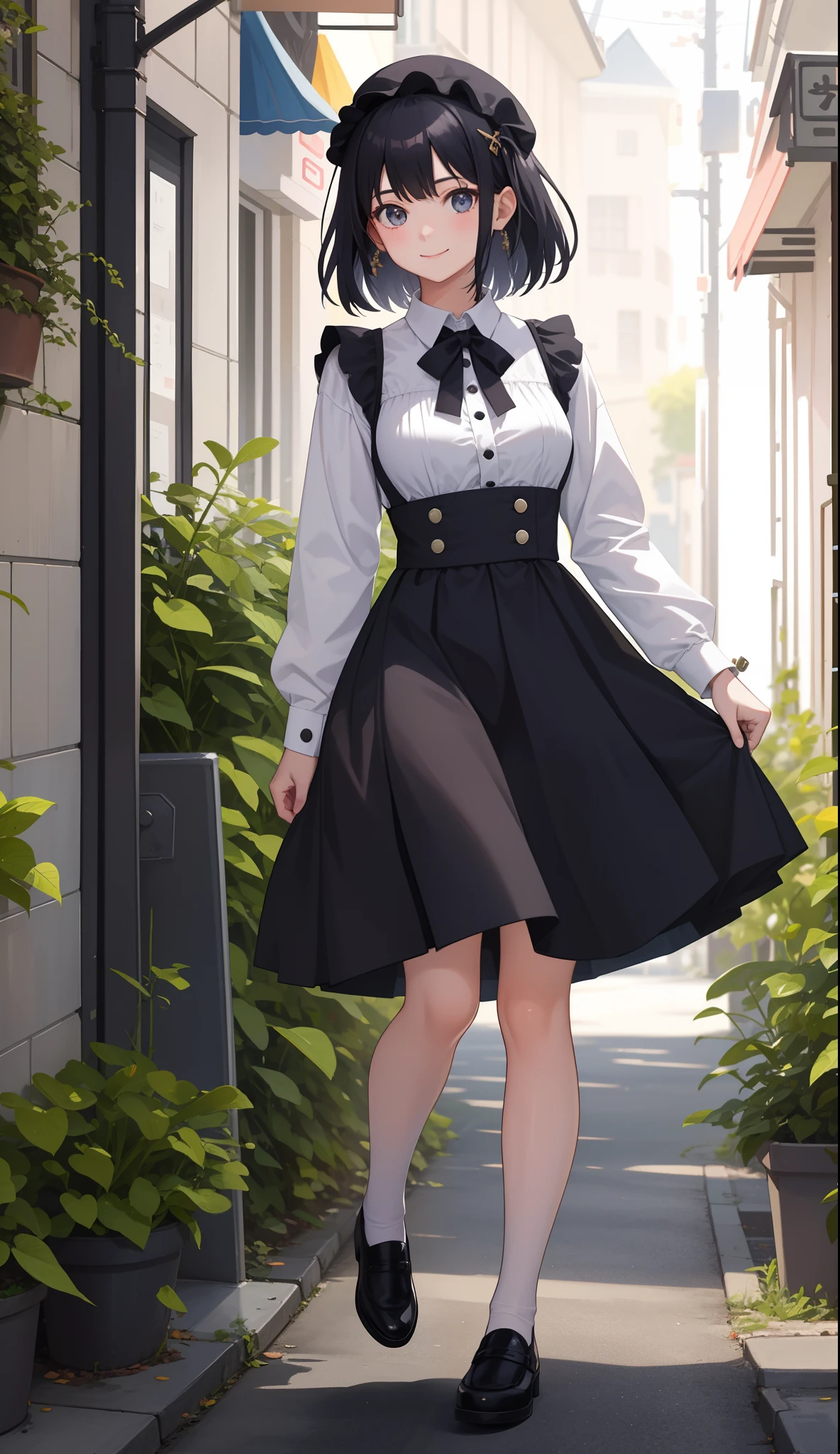 1girl in、AS-Adult、A smile、The shirt、skirt by the、(small tits)、doress、pinafore、hair adornments、(Maids)、Upper body portrait、Walking with a thigh、