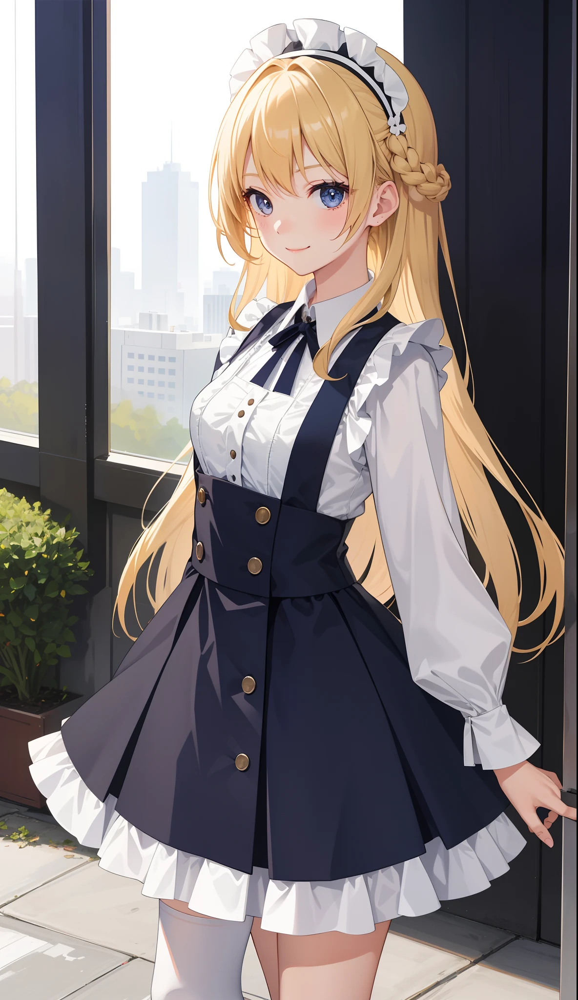 1girl in、AS-Adult、A smile、The shirt、skirt by the、(small tits)、doress、pinafore、hair adornments、(Maids)、Upper body portrait、Walking with a thigh、