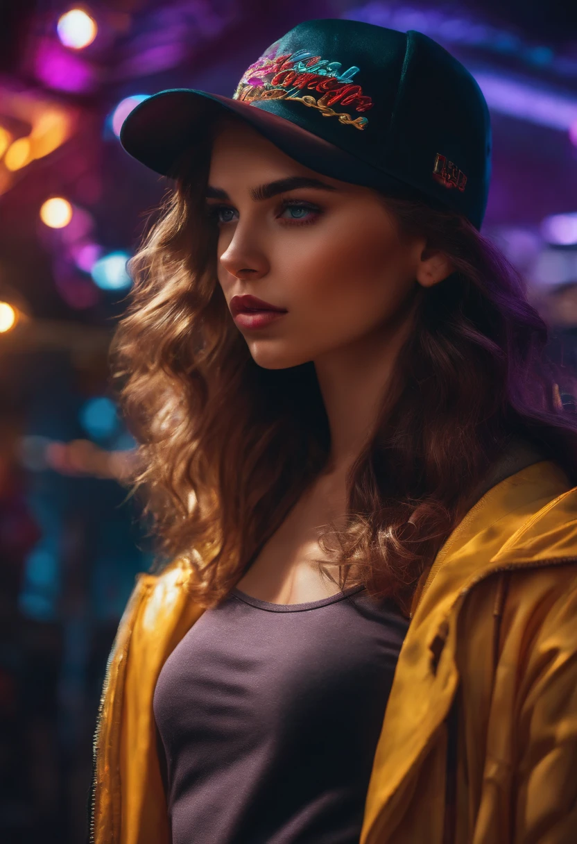 A girl with a baseball cap, realista, Calidad 8K, Detailed facial features, colores vibrantes, Neon lights, Paisaje urbano futurista, holographic