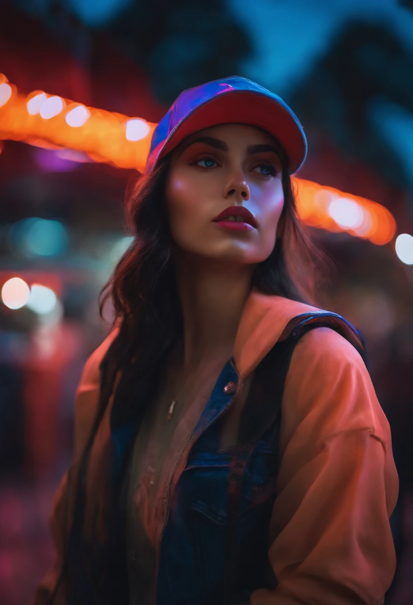 A girl with a baseball cap, realista, Calidad 8K, Detailed facial features, colores vibrantes, Neon lights, Paisaje urbano futurista, holographic