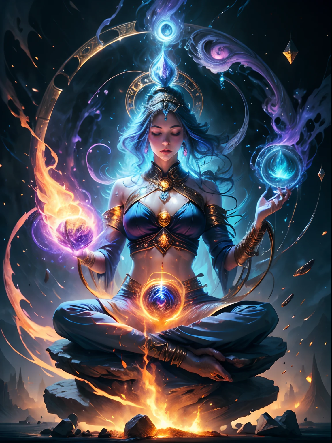 Immortal goddess, 18 year super beautiful, 8k, super big breasts, meditating, light white cloth covering part of her body, sitting cross-legged, golden glowing magic circle rotating behind her, blue magical aura surrounding her parts, magical blue pink yellow fire, fantasy, milky way background, (4  elements, fire, water, wind, earth, surround it),