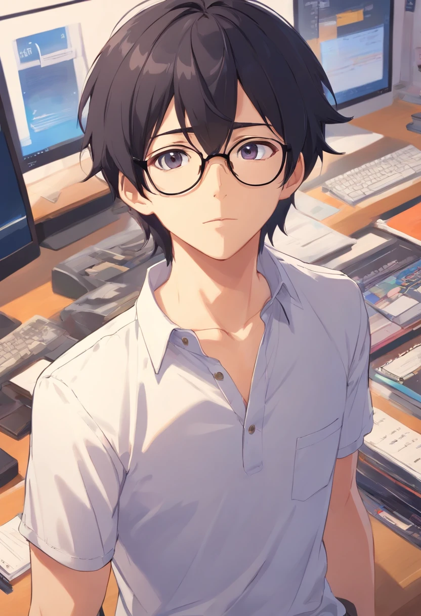 Man with black hair, wears glasses, ,Single,The whole body is from head to toe, CharacterDesignSheet, diferentes poses, Different angles, in a white shirt,CharacterDesignSheet, diferentes poses, Different angles, Full body figures,with a simple background