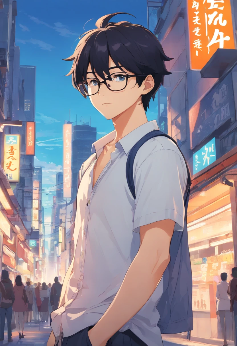 Man with black hair, wears glasses, ,Single,The whole body is from head to toe, CharacterDesignSheet, diferentes poses, Different angles, in a white shirt,CharacterDesignSheet, diferentes poses, Different angles, Full body figures,with a simple background