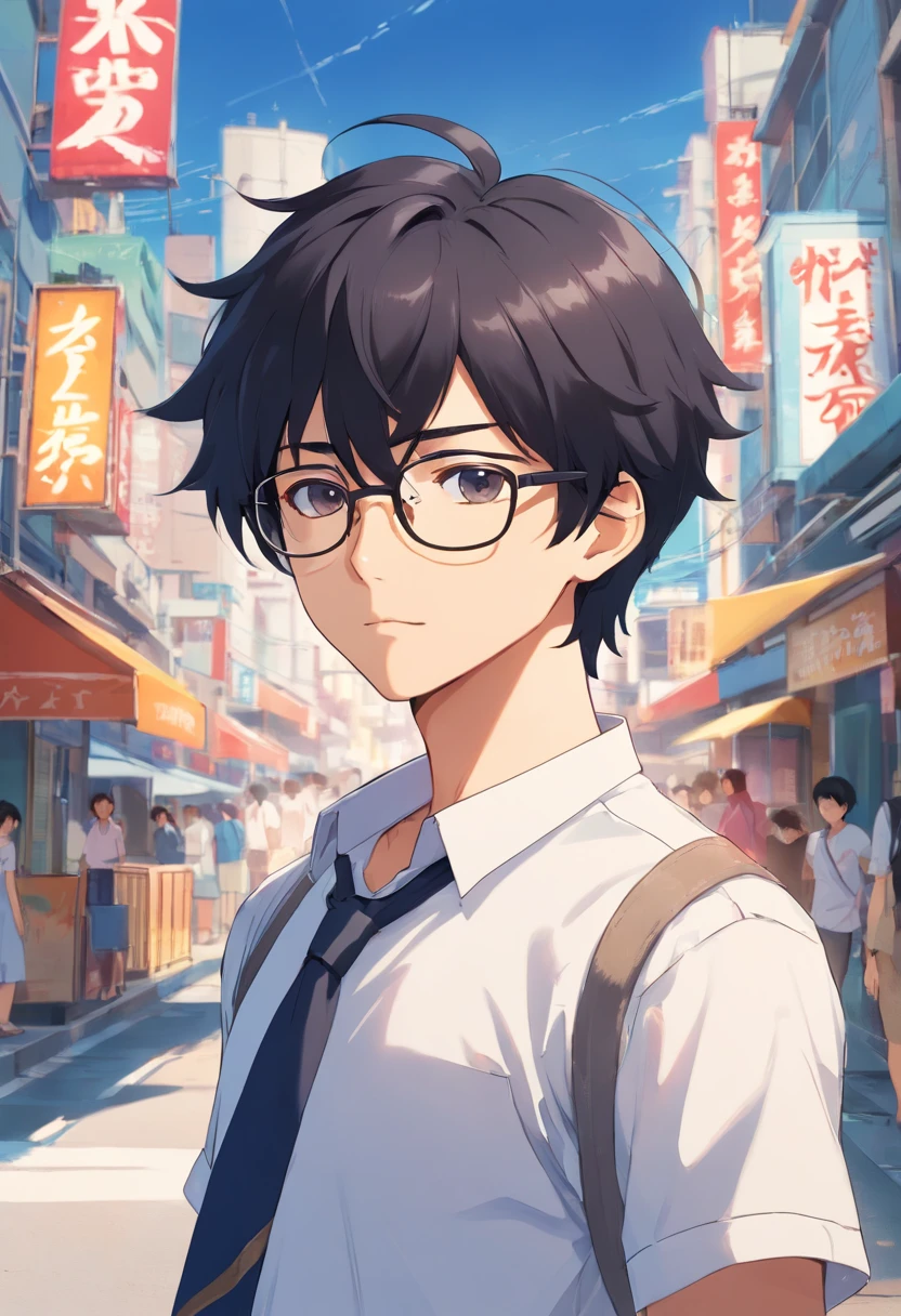 Man with black hair, wears glasses, ,Single,The whole body is from head to toe, CharacterDesignSheet, diferentes poses, Different angles, in a white shirt,CharacterDesignSheet, diferentes poses, Different angles, Full body figures,with a simple background