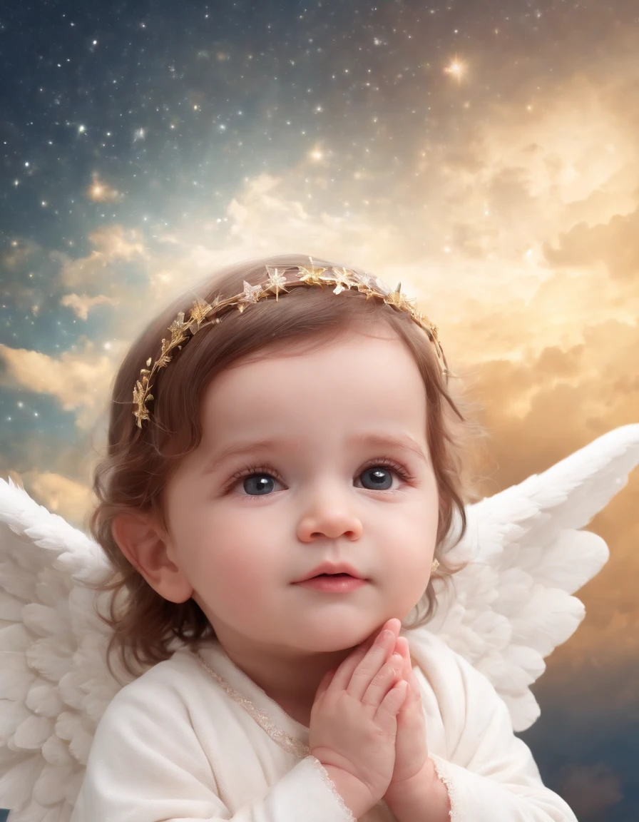 an up close photo of (adorable little angel:1.5), (sky with starry clouds:1.2)