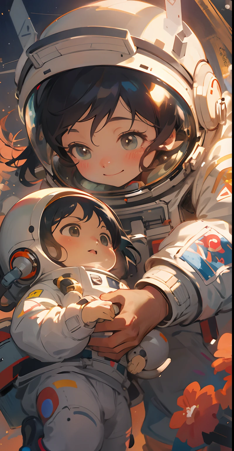 Anime girl wearing spacesuit,holding a baby in her arms, portrait anime space cadet girl, Artgerm and Atey Ghailan, small astronauts, A beautiful artwork illustration, girl in space, little astronaut looking up, atey ghailan 8 k, Retrato Armored Astronauta Menina, by Yang J, Kawasi, cute astronaut sticker art, trending on cgstation