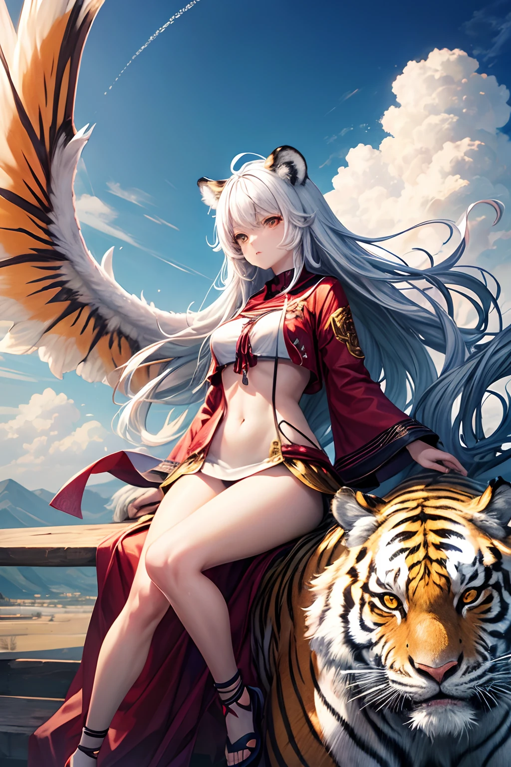 (Splash Art), (masutepiece ,Best Quality:1.2), 1girl in, Sitting on the clouds, Detailed face, strong facial expression, White hair, colourfull, Precision Line, Large-scale muralists, manticore, Tiger and White Tiger, Red Phoenix
