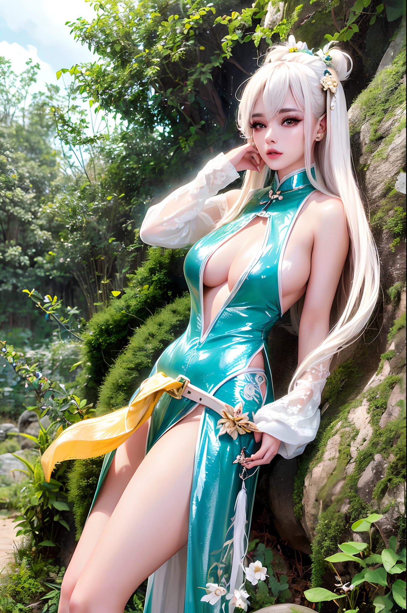 8K,masterpieces, high quality, extreme detail, an extremely delicate and beautiful,classical beauty,petty face,(perfect eyes),(1 female, 25 years-old,long hair)(shiny skin:1.7),(wearing short cheongsam)(white:1.4),beside the beach