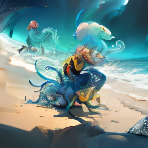 A newt on the edge of the beach, metade homem musculoso, careca, barba ruiva bem aparada, e da cintura para baixo polvo com seu grande, bright tentacles and strong blue tentacles .