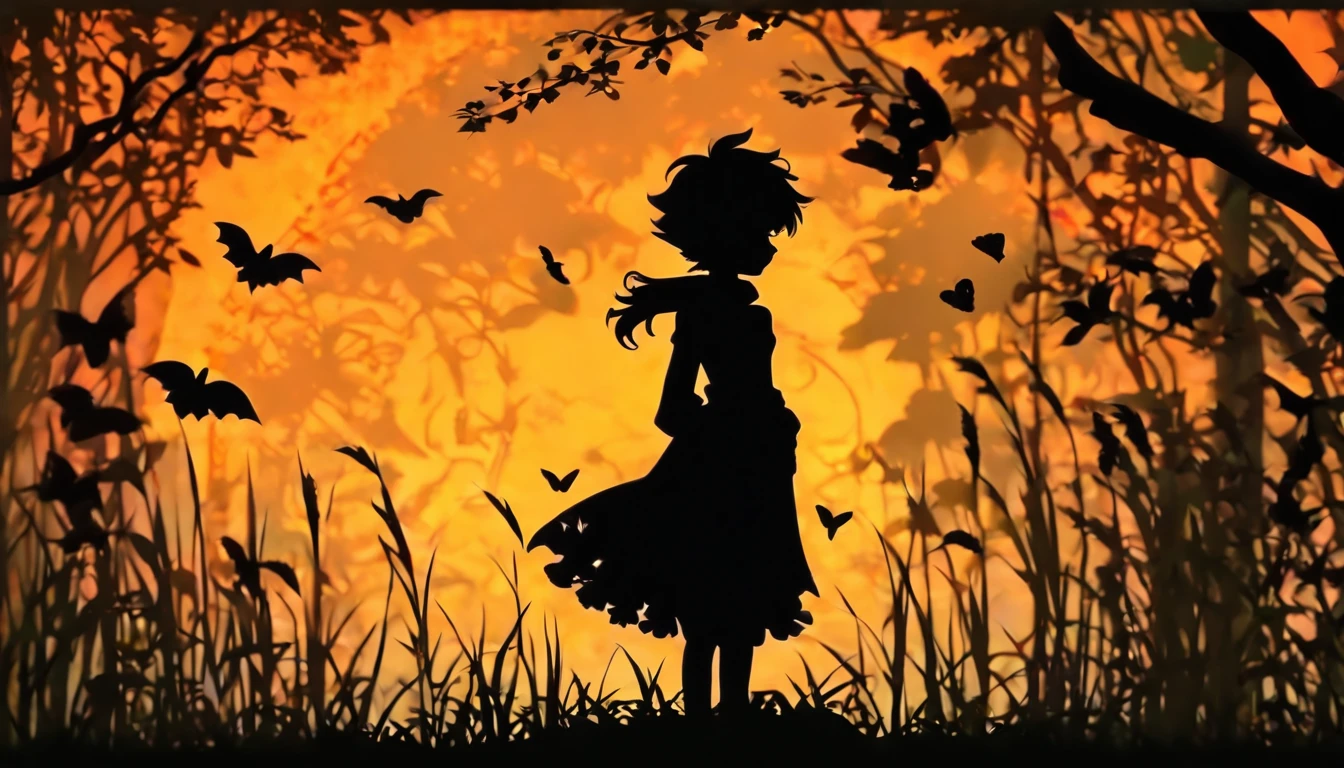 (Silhouette Art,cutouts:1.6)
(((Paper cutting art,A world where only black exists:1.3)
(Halloween,profile:1.2),white, Clear and beautiful face,Sunrise behind
break
(morning glow、Viola Green grass:6.1)
Textured glass background,Arcana World