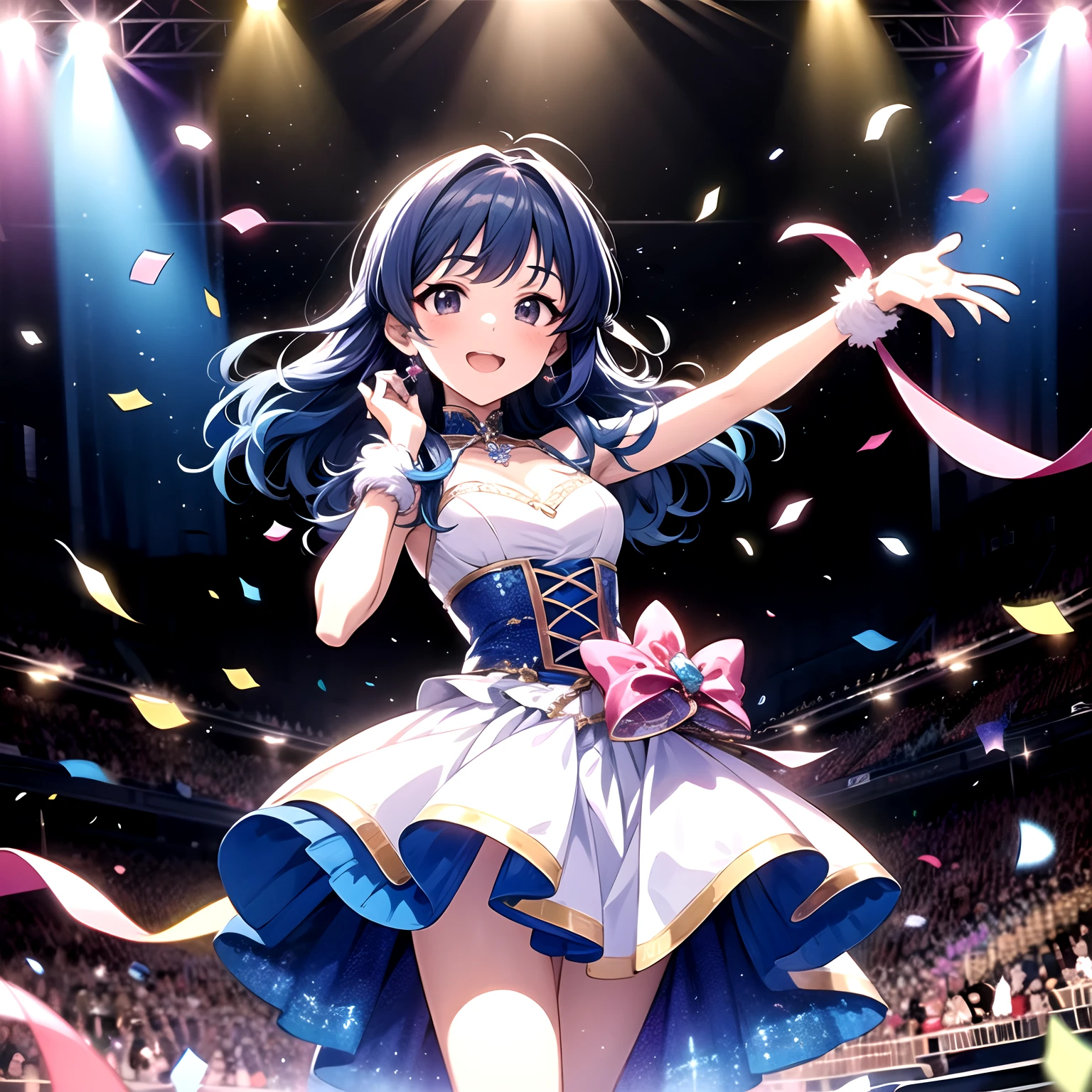 Idol girl in dress dancing on stage with confetti, long hair with blue hair、 sparkling magical girl, Best Anime 4K、anime moe art style, Detailed key anime art, official artwork, idolmaster, Cute, The dress is cute、Hands up、jumpping