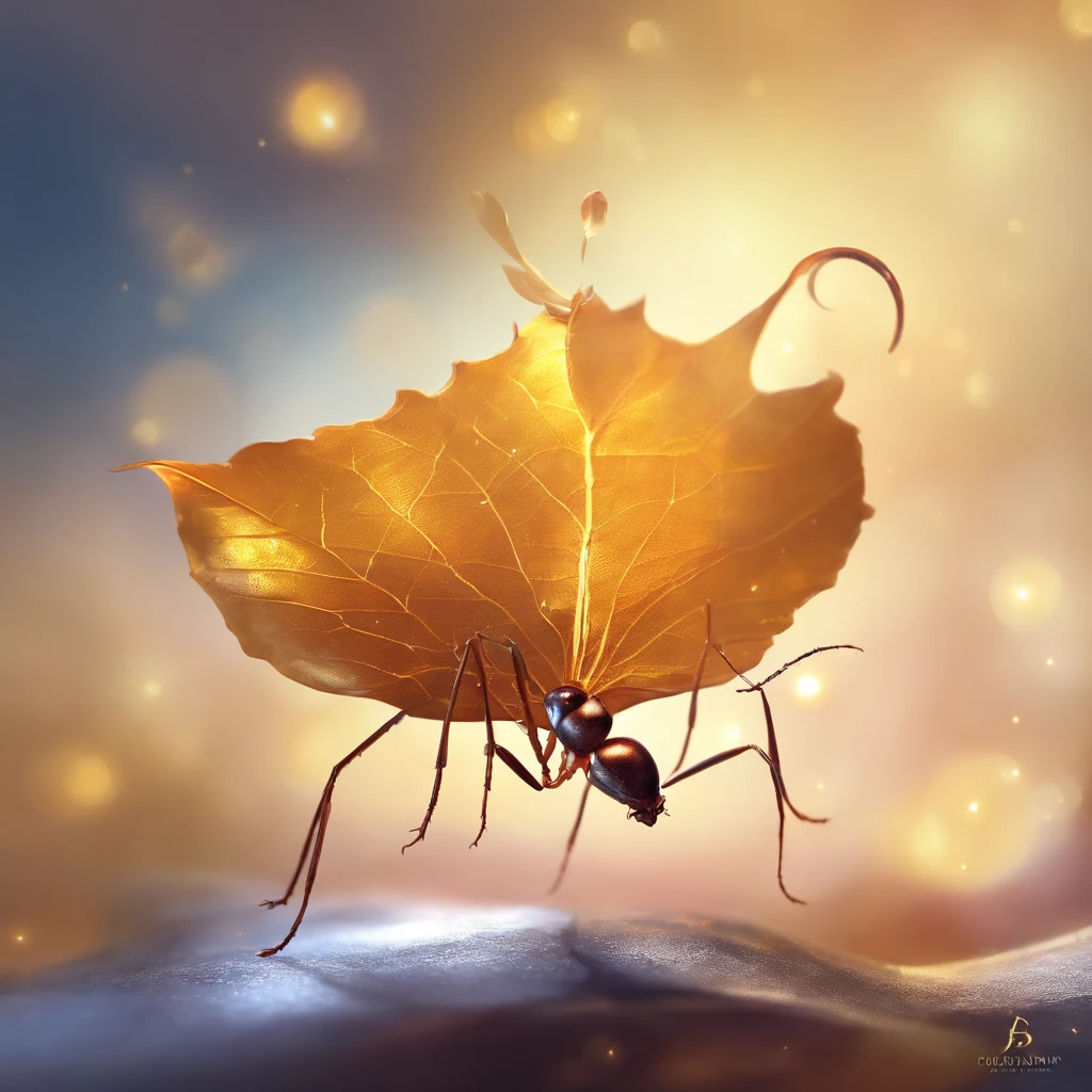 an ant standing on a piece of a golden leaf floating in the air