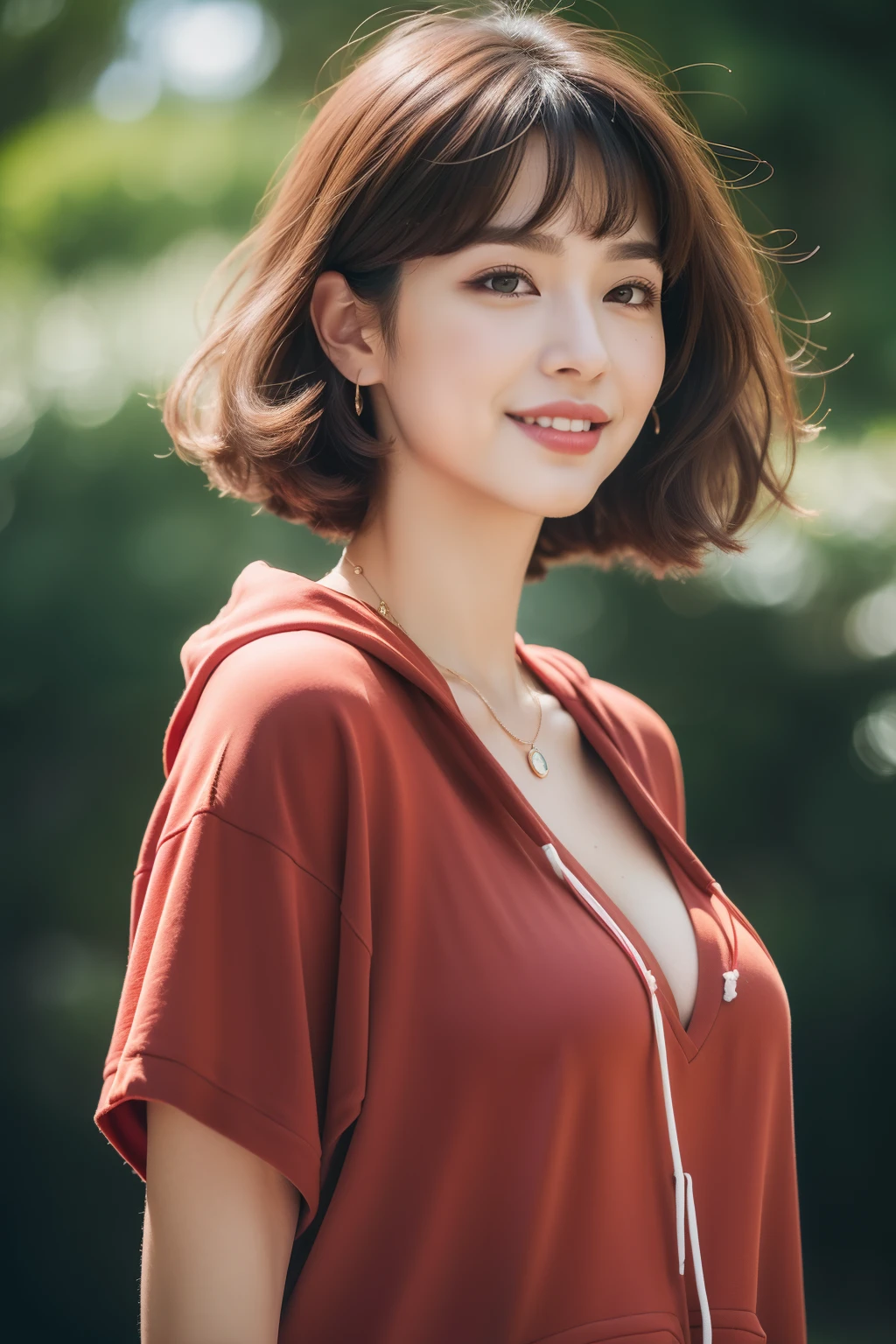 NSFW, (8k RAW photo, Best Quality), ((masutepiece)), 超A high resolution, Film grain, filmg,( 20yr old, Slender face, 1girl in, slanted eye, eyesight, long eyelashes, Eye Highlights), Looking at Viewer, Natural Skin Texture, A perfectly proportioned face, realistic eyes and face details, Full lips, lip stick, (makeup), Red eyeshadow, Perm Hair, Fluffy short hair, hair messy, Smile, closes mouth, Beautiful legs, Tall lady, skinny, slim_Legs, Solo, huge-breasted, cleavage, Ass, Shirt, (Natural places), (Detailed background), ((Food Hoodie)), huge-breasted, cleavage, lowfers, Blurry background, Blurry, Short sleeves, Brown hair, Bangs, a necklace, Parted lips, Lips, From Side, depth of fields