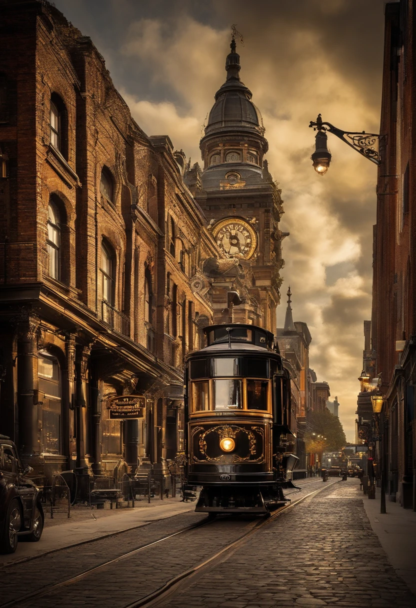 The cityscape seamlessly blends the elegance of Victorian-era architecture with the marvels of futuristic steam-powered technology, creating a captivating and unique urban environment. As you gaze upon this scene, you're transported to a world that is both nostalgic and cutting-edge.
The architecture exudes the grandeur of the late 19th century, with ornate buildings adorned with intricate wrought-iron railings, delicate filigree, and richly decorated facades. These structures rise majestically, their tall spires and domes touching the sky. Rows of elegant townhouses and brownstones line the cobblestone streets, each featuring Victorian-era bay windows, turrets, and balconies that add character to the cityscape.
Amidst this historical backdrop, the futuristic steam-powered technology takes center stage. Massive gears and cogs turn rhythmically, powered by billowing clouds of steam emanating from towering smokestacks. These steam-powered factories and machines are seamlessly integrated into the urban landscape, their polished brass and copper surfaces gleaming in the soft, warm glow of gas lamps.
As you traverse the city streets, you'll notice the marvel of steam-driven vehicles gliding silently along the thoroughfares. Steam carriages, resembling vintage horse-drawn carriages but propelled by intricate steam engines, transport passengers in luxurious comfort. Airships, resembling majestic balloons with metallic exoskeletons, cruise overhead, ferrying passengers to different parts of the city.
The city's lighting system is a spectacle in itself. Gas lamps line the streets, casting a warm and inviting glow, while luminescent steam-powered streetlights bathe the city in a gentle radiance at night. These lights are not just functional; they are works of art, with intricate metalwork and stained glass.
In the heart of the city, a grand clock tower stands as a symbol of both tradition and progress. Its massive clockworks are a marvel of engineering, and it chimes the