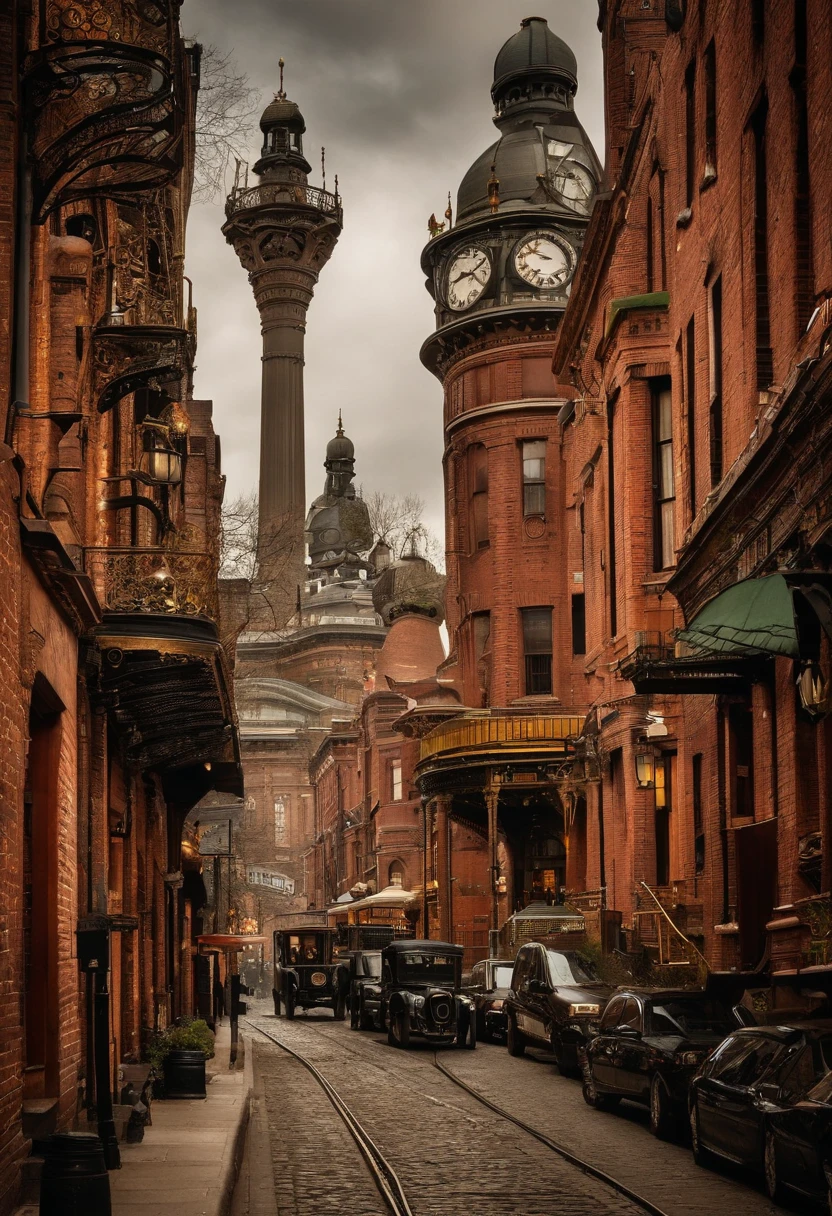 The cityscape seamlessly blends the elegance of Victorian-era architecture with the marvels of futuristic steam-powered technology, creating a captivating and unique urban environment. As you gaze upon this scene, you're transported to a world that is both nostalgic and cutting-edge.

The architecture exudes the grandeur of the late 19th century, with ornate buildings adorned with intricate wrought-iron railings, delicate filigree, and richly decorated facades. These structures rise majestically, their tall spires and domes touching the sky. Rows of elegant townhouses and brownstones line the cobblestone streets, each featuring Victorian-era bay windows, turrets, and balconies that add character to the cityscape.

Amidst this historical backdrop, the futuristic steam-powered technology takes center stage. Massive gears and cogs turn rhythmically, powered by billowing clouds of steam emanating from towering smokestacks. These steam-powered factories and machines are seamlessly integrated into the urban landscape, their polished brass and copper surfaces gleaming in the soft, warm glow of gas lamps.

As you traverse the city streets, you'll notice the marvel of steam-driven vehicles gliding silently along the thoroughfares. Steam carriages, resembling vintage horse-drawn carriages but propelled by intricate steam engines, transport passengers in luxurious comfort. Airships, resembling majestic balloons with metallic exoskeletons, cruise overhead, ferrying passengers to different parts of the city.

The city's lighting system is a spectacle in itself. Gas lamps line the streets, casting a warm and inviting glow, while luminescent steam-powered streetlights bathe the city in a gentle radiance at night. These lights are not just functional; they are works of art, with intricate metalwork and stained glass.

In the heart of the city, a grand clock tower stands as a symbol of both tradition and progress. Its massive clockworks are a marvel of engineering, and it chimes the