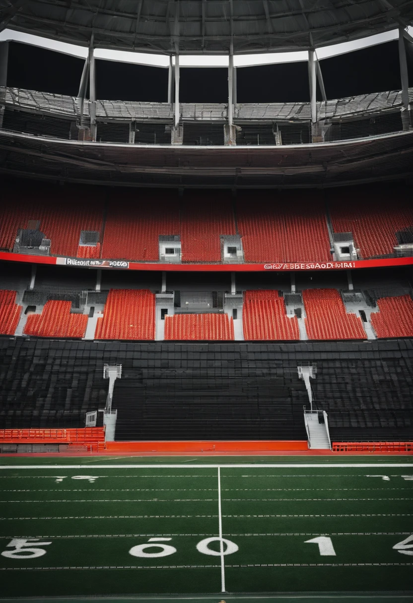 Football stadium with black bleachers seen from above