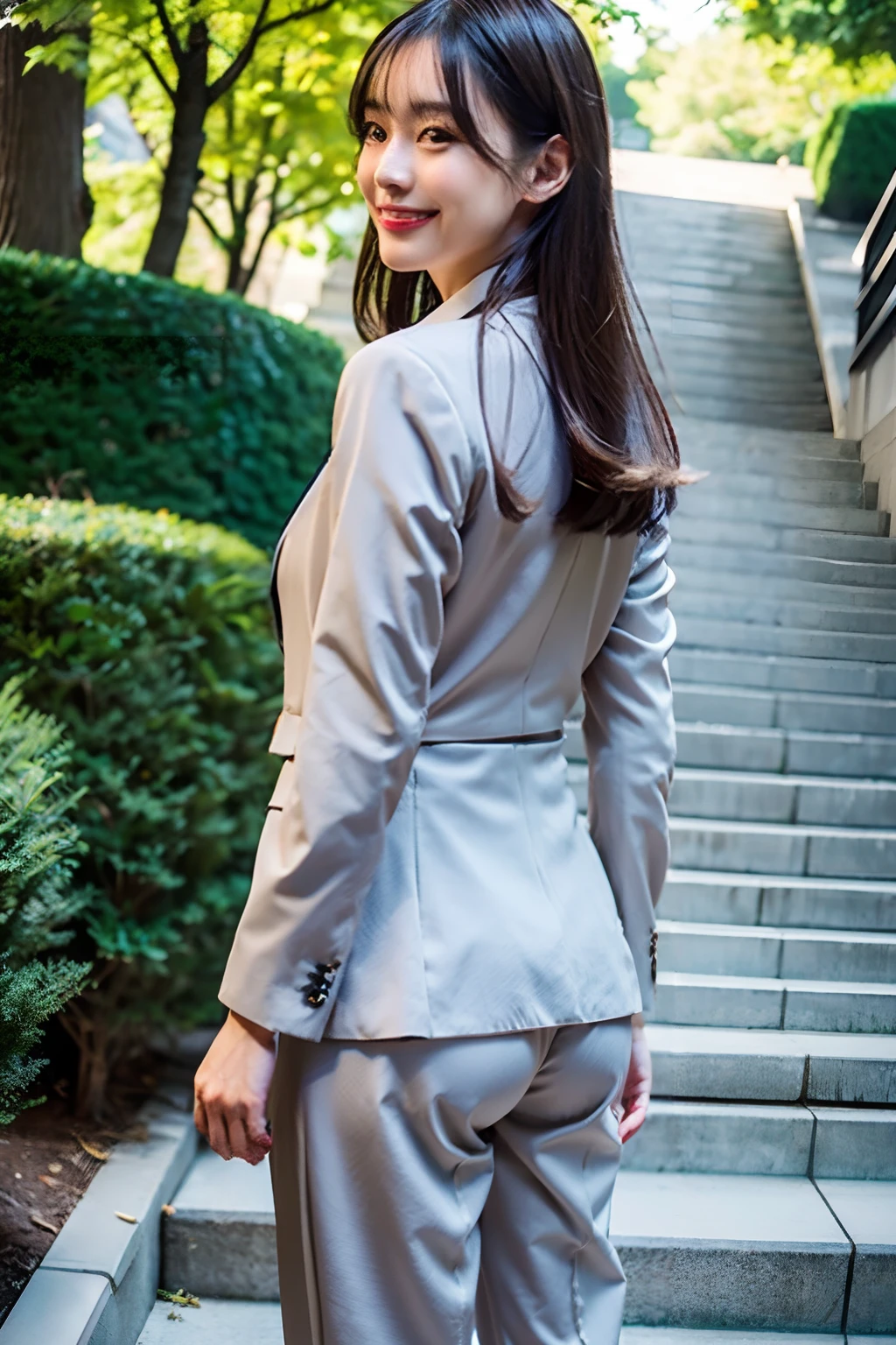 top-quality、超A high resolution、(Photorealsitic:1.4)、女の子1人、Gray pantsuit、stairway、Turn around uphill、A little smile、Unusual look、Sexy buttocks、White blouses、Beautiful curved waist constriction、Having a Document Case