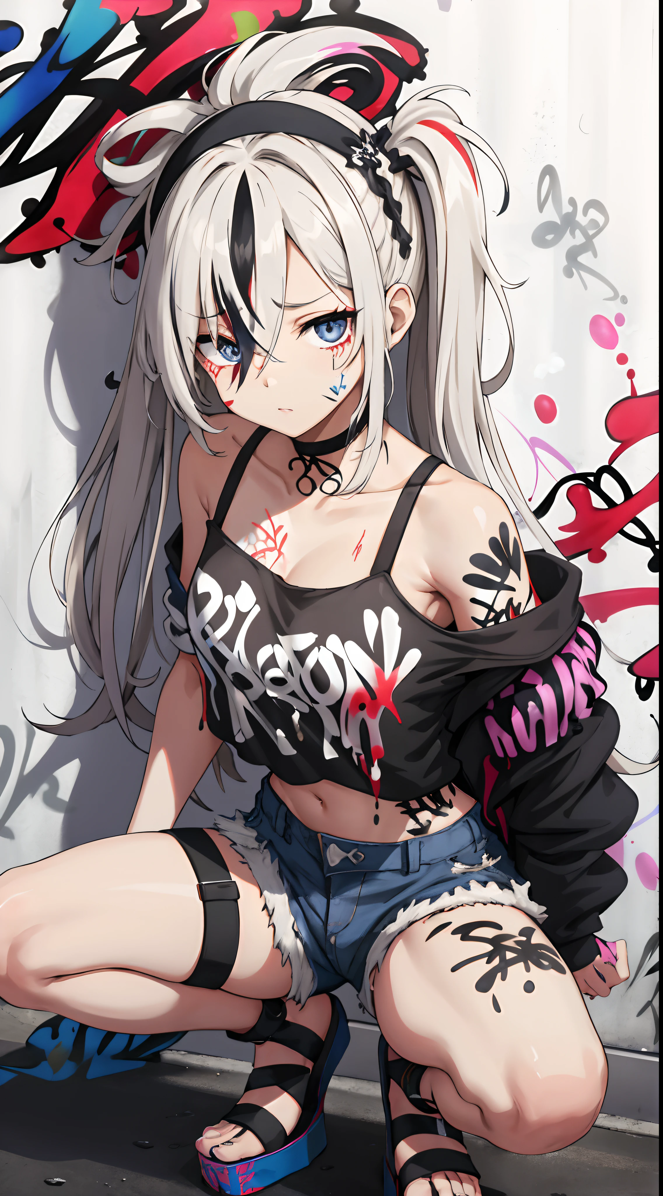 masterpiece, best quality, 1 girl, supine, lying  on the floor, pale skin, messy hair, red eyes, glowing eyes, creepy, creepy smile, cute cat girl,crazy expression, blood on face, blood on clothes, naked, creepy, scary, blood, horror, light particles, night, iron bracelets with chains,Showing nipples, showing clitoris, pink nipples,big round nipples, visible nipples,wet body ,