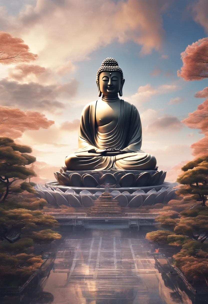 (Towering Buddha statue in the distance:1.5),(Kamiyama Background:1.2),The clouds are ethereal，wonderland，(photo-realistic:1.4),(Best quality:1.0),(Highly concerned:1.0),8K,RAW photo,(Masterpiece:0.2),Ultra-detailed,(Pilgrims on the road:0.8)，A huge tall Buddha statue in the distance，Pilgrims on the road