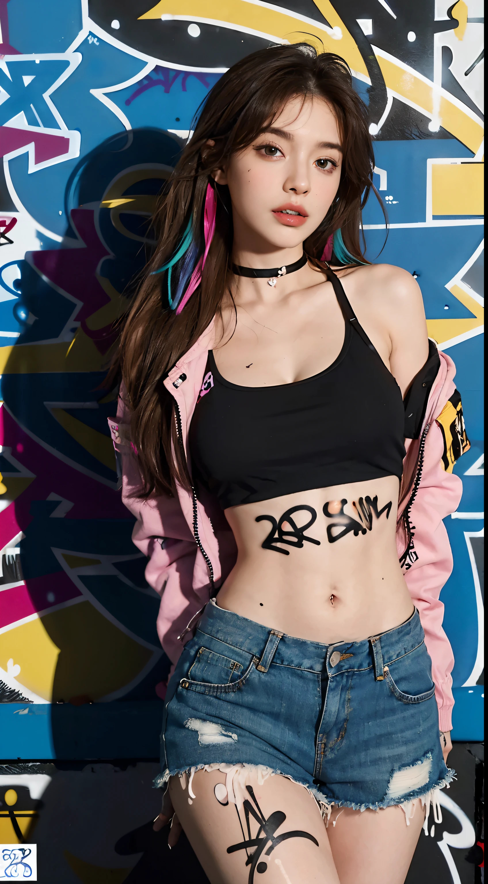 masterpiece, best quality, 25 years old beautiful woman, long hair, brown hair, (mature face:1.4), 1woman, solo, crop top, denim shorts, choker, (graffiti:1.5), paint splatter, arms behind back, against wall, looking at viewer, armband, thigh strap, paint on body, head tilt, bored, multicolored hair, aqua eyes, headset,((large breast)) , bomber jacket, open jacket