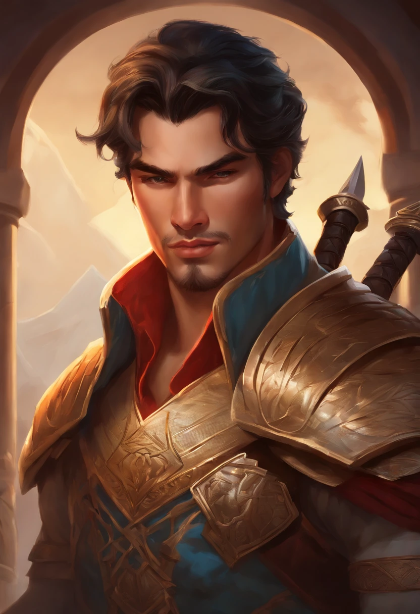 character bust of a swordsman, hand drawn cartoon illustration, Solid and vivid background, Fine, detailed scale, Soft lighting, game character, upper body, Created by Lois Van Barl and Reusch and Ross Tran and Ross Drås and Sam Yang and Sam Ess Arts and Altgerm, Best Quality, masutepiece