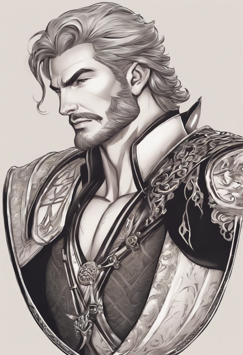 character bust of a swordsman, hand drawn cartoon illustration, Solid and vivid background, Fine, detailed scale, Soft lighting, game character, upper body, Created by Lois Van Barl and Reusch and Ross Tran and Ross Drås and Sam Yang and Sam Ess Arts and Altgerm, Best Quality, masutepiece