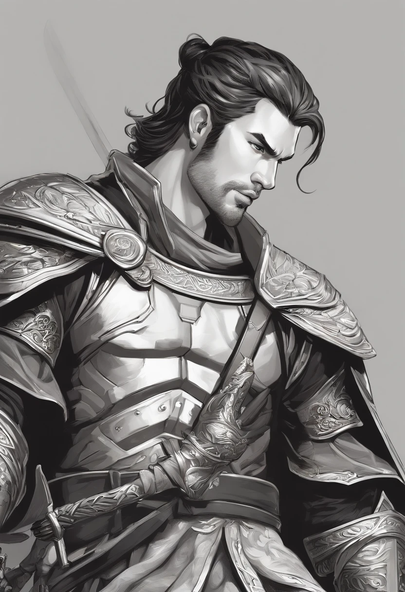 character bust of a swordsman, hand drawn cartoon illustration, Solid and vivid background, Fine, detailed scale, Soft lighting, game character, upper body, Created by Lois Van Barl and Reusch and Ross Tran and Ross Drås and Sam Yang and Sam Ess Arts and Altgerm, Best Quality, masutepiece