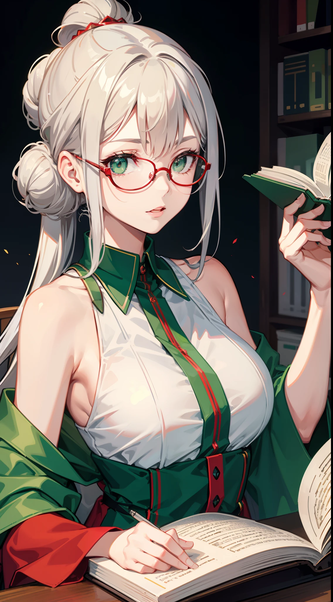 young girl, Gray hair in one bun, Green eyes, red glasses, Green Science Dress, White Elements, Sleeveless, open breasts, book, Masterpiece, hiquality, high detail, HD, 4k