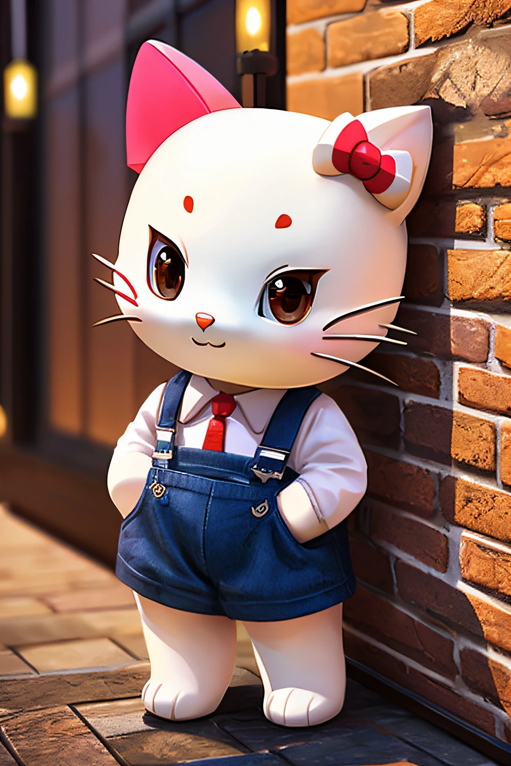 Realist anime Katie Chibi Cat,Wear suspenders, against a wall，adorable and fluffy, Logo design, Cartoon, movie light effect, Charming, 3D vector art, Cute and quirky, Fantasy art, Bokeh, Hand-drawn, Digital painting, Soft lighting, Isometric style, 4K 分辨率, Photorealistic rendering, highly detailed cleaning, Vector image, Photorealistic masterpiece, Professional photography, simple backgound, flat white background,Hello Kitty