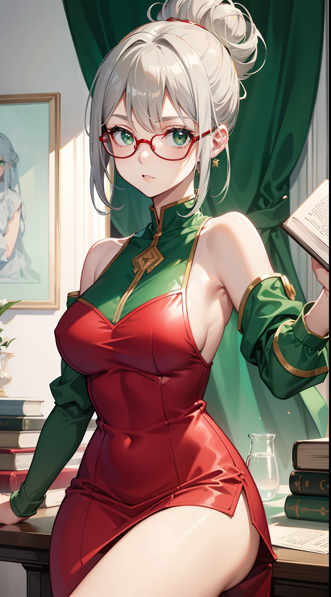 young girl, Gray hair in one bun, Green eyes, red glasses, Green Science Dress, White Elements, Sleeveless, open breasts, book, Masterpiece, hiquality, high detail, HD, 4k
