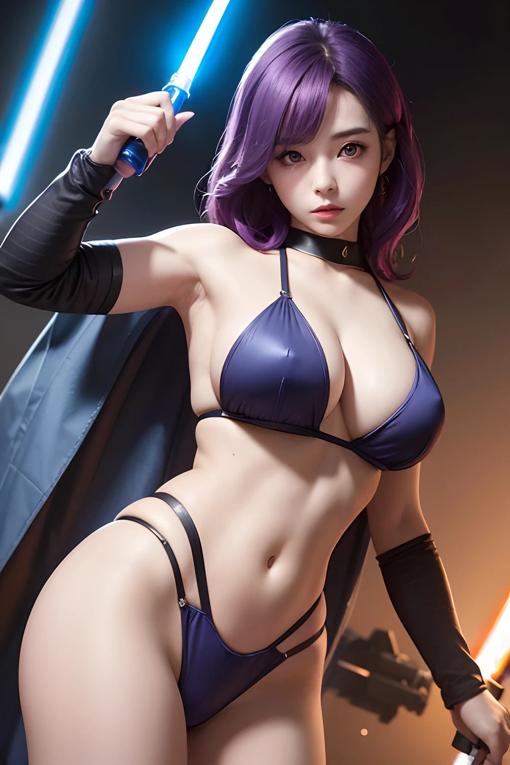 araffe star wars sexy woman with lightsabed sword in a bikini, amouranth, skywalker, better known as amouranth, female jedi, with lightsaber sword, amouranth as a super villain, holding lightsaber 4 k, with light-saber, star wars character, holding a lightsabre. splash art, rey, korean girl, beautiful young korean woman, korean woman, heonhwa choe , big breast, show breast, light purple hair