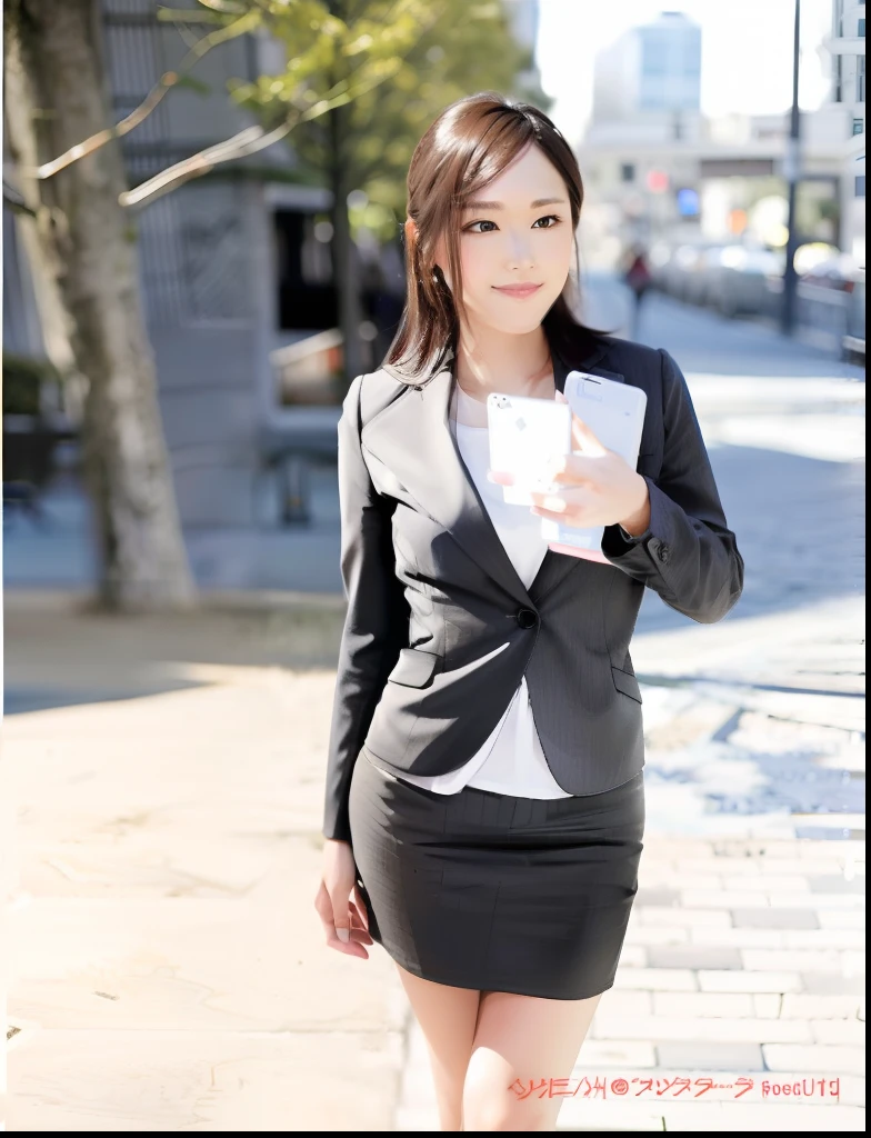 Close up portrait of woman in business suit holding mobile phone, wearing a business suit, Wearing a business suit, business clothes, Girl in suit, wearing fashion suit, Wearing a strict business suit, wearing jacket and skirt, Girl in a suit, korean female fashion model, Office Clothes, in a business suit, businesswoman, wearing black business suit
