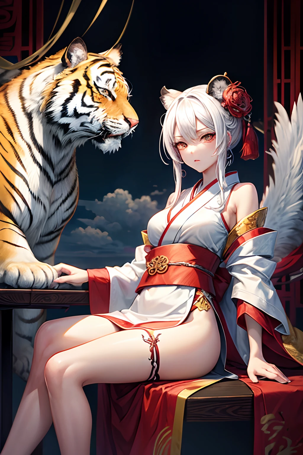 (masterpiece, best quality), intricate details, 8k, artstation, wallpaper, official art, screensaver, storm in the background, sharp focus, 1 girl, (photorealistic:1.2) (bokeh) (best quality) (detailed leather:1.3) (intricate details) (8k) (detailed eyes) (sharp focus) girl, white hair, (white horns),(painted red floor-length dress). There's a tiger behind. anime style. High Quality