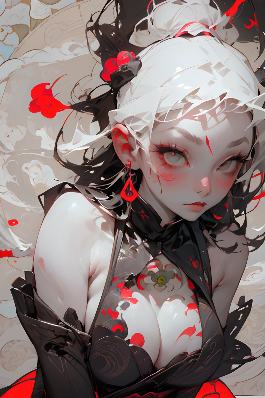 Barefoot cat woman(30-years old) , (fair white skin:1.7)、 (long white hair)、(Wearing a suit:1.0)、(Colorful stained glass background:1.7)、(White smoke)、(abnormally large breasts)、(Red smoke around the body:1.7)、Bare shoulders, Double eyelids, (Crimson eyes)、Parted lips,Solo,(cleavage)、delicate and sexy(鎖骨:1.3), (Shiny skin:0.8),(masutepiece:1.4),(Best Quality:1.4),glossy red lips, Wet(full of sweat)、low angles, (from below angle), High detailed skin, Skin pores,(Katsushika Hokusai-style background)
