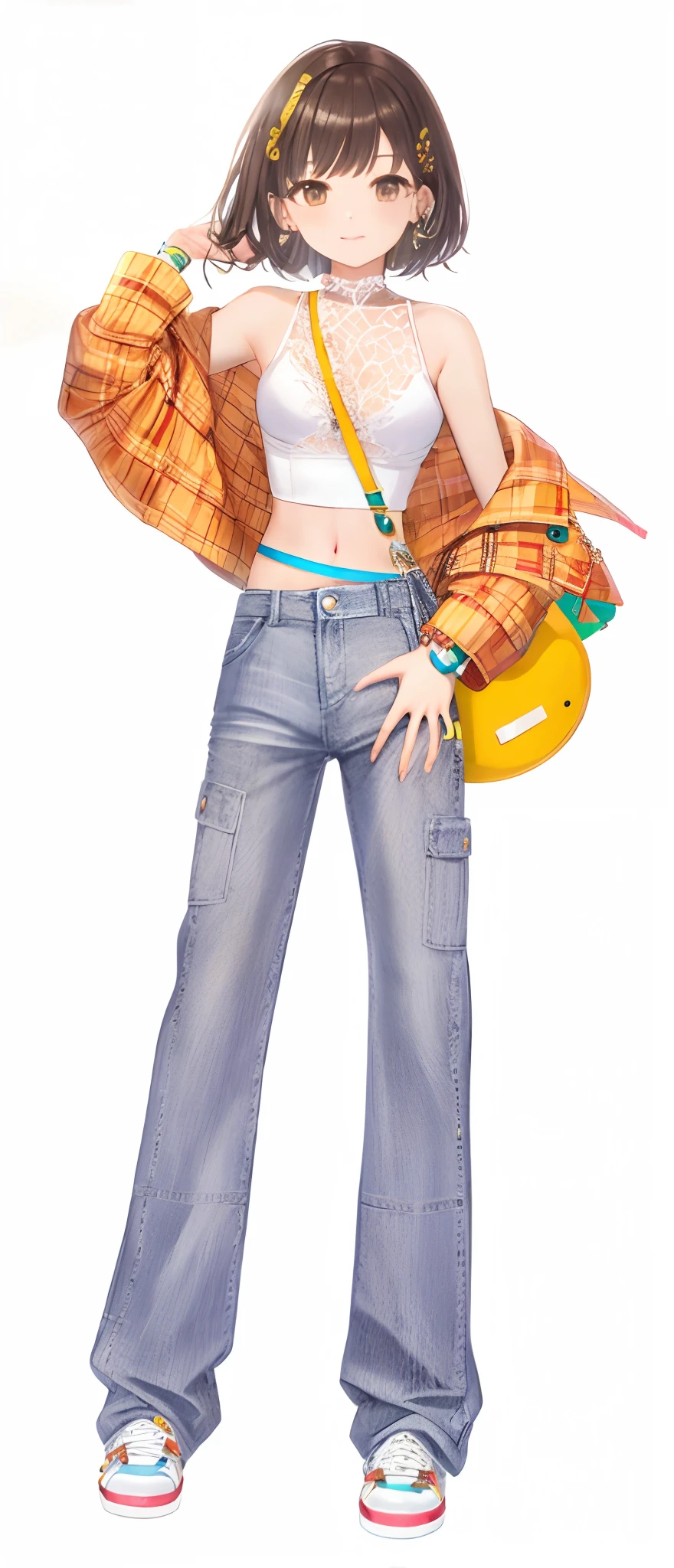 Pubic area is clear,filigree,Orange plaid coat,denim pant