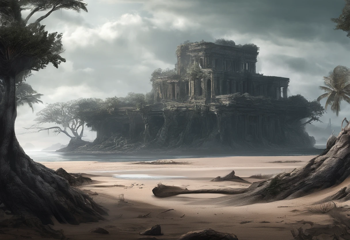 The island was formed by the uplift of a group of ancient ruins that had sunk to the seabed. Rotting trees, dry coral, tilted earth and ruins of buildings,