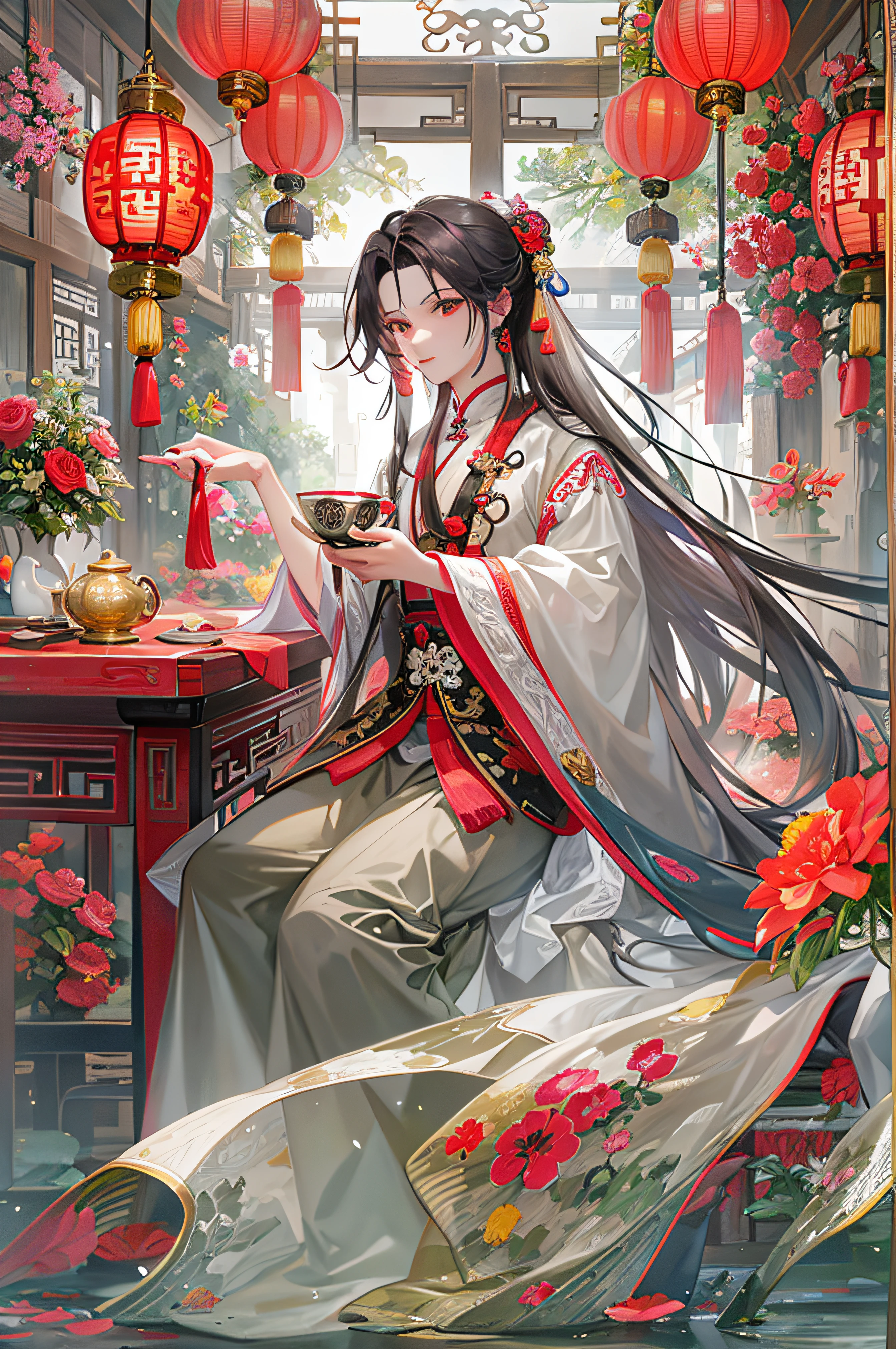 (best quality, ultra-detailed),(vibrant, lively) flowing long hair, (mysterious, ethereal) mist, (young) man, fluttering butterflies, (handsome, masculine) male figure, Chinese lantern, (deep and profound) gray iris, peony flowers, chestnut brown hair, (red and white) traditional costume, (observing) magnifying glass, inside a hotel, (nostalgic, quaint) Chinese-style antique inn, (traditional) Chinese decoration, tables and chairs, grand stage, full-body perspective, (sitting upright) holding a wine glass.