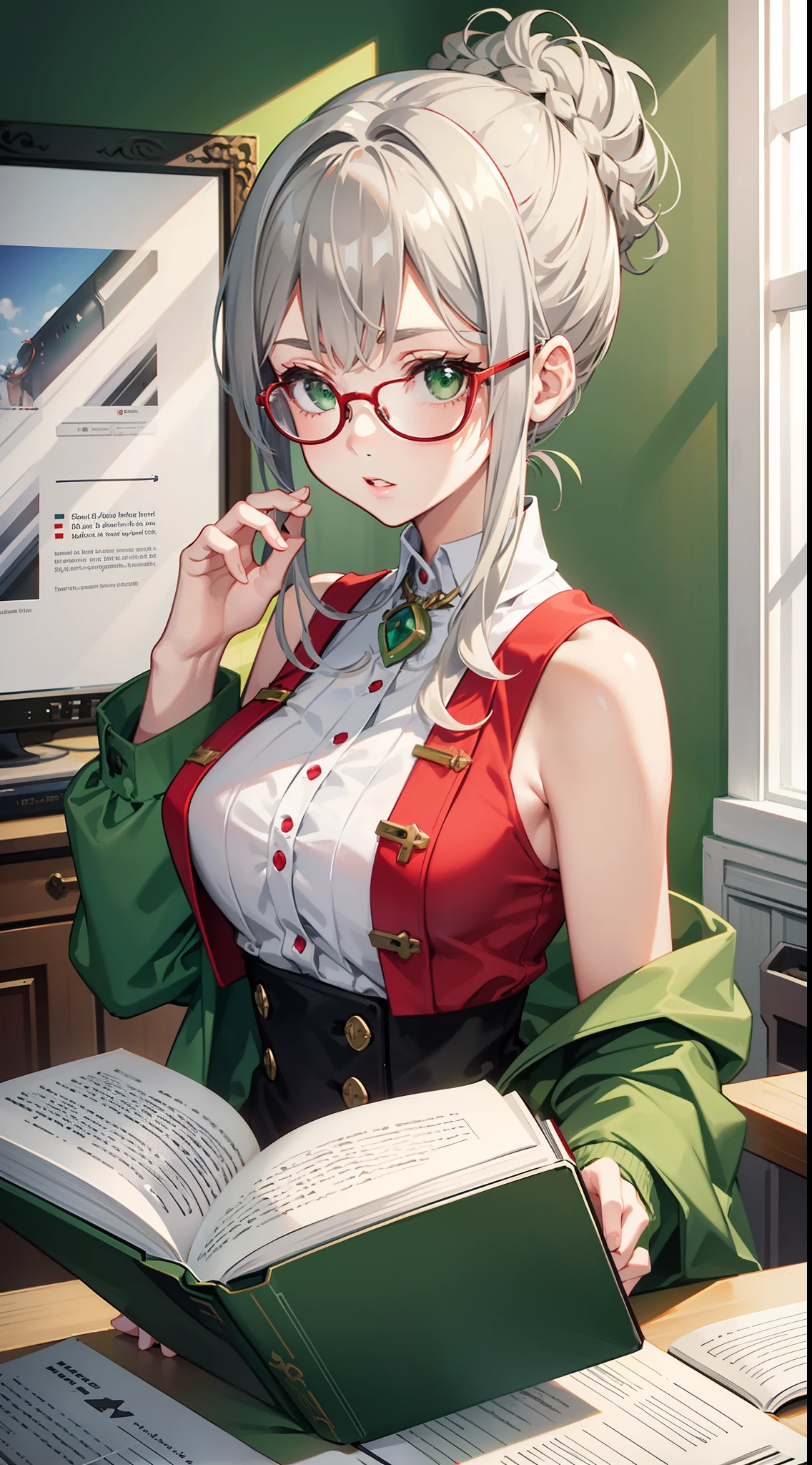 young girl, Gray hair in one bun, Green eyes, red glasses, Green Science Dress, White Elements, Sleeveless, open breasts, book, Masterpiece, hiquality, high detail, HD, 4k