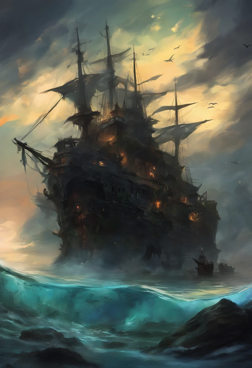 (Deep Black Sea:1.5),(//Ghost ship in ruins:1.3//)+(A giant ship sunk at the bottom of the sea:1.3),Schools of octopus,Shipwreck remains,