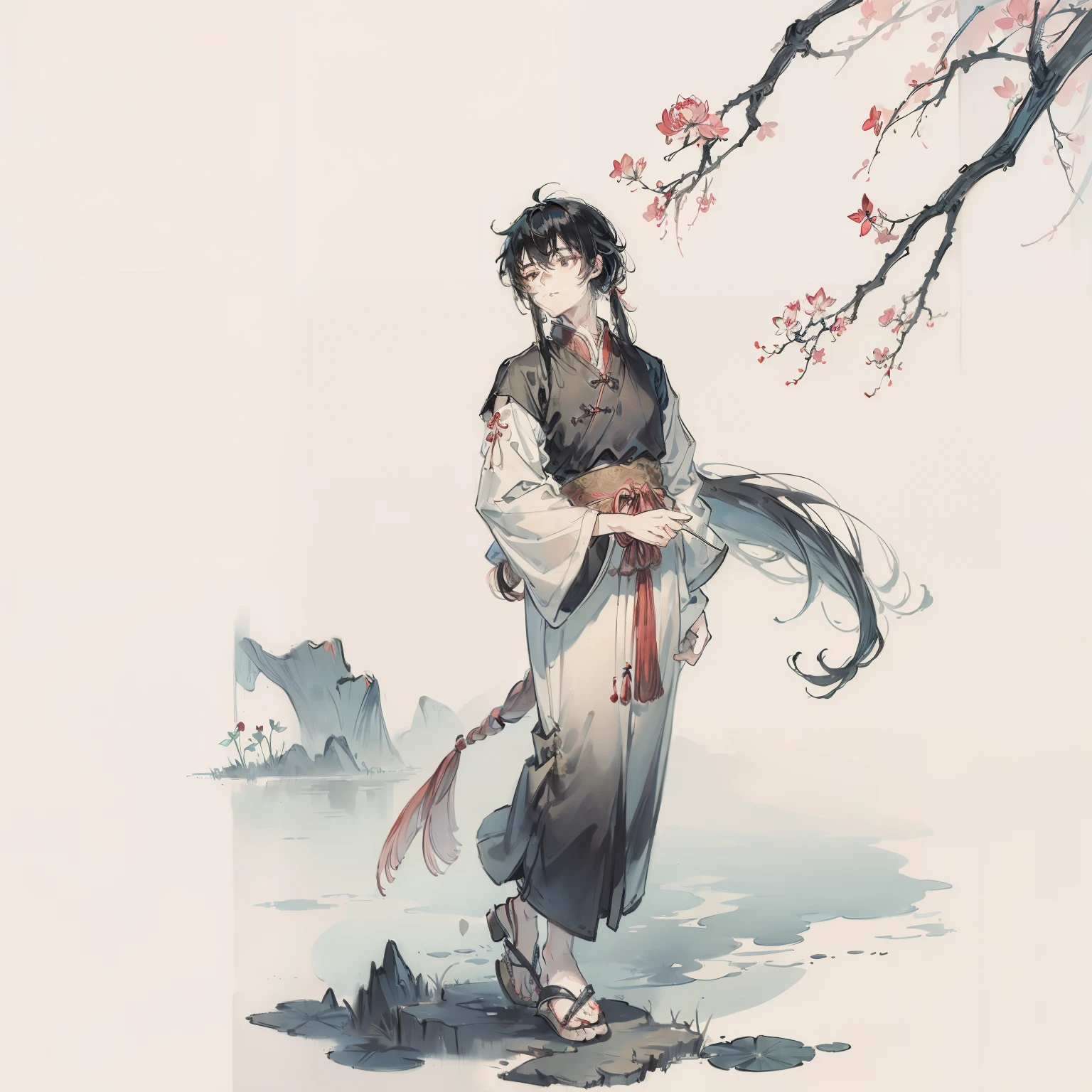 ((4K,Masterpiece,Best quality)), shuimobysim, Traditional Chinese Ink Painting, Lotus,  Hanfu, maxikit, Dress conservatively
1 boy, Solo, Black hair, dreads, standing, Feet on the eaves