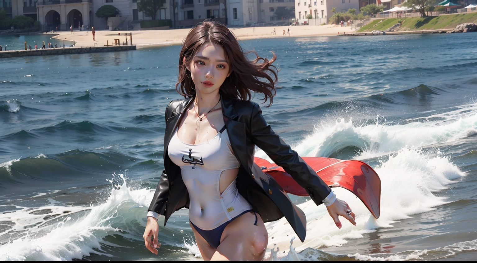 (realisitic,Photorealsitic:1.4),(1 beauty:1.3),(beautiful countenance:1.5),Detailed shiny skin,A detailed eye,Precise hands and fingers,8K HDR, , ​masterpiece, (Dynamic Angle Video),电影灯光, Finely drawn backgrounds,(Southland,the beach,Colorful swimsuit,jetty,splash water,Drenched Girl),Beautiful Chinese,tailcoat,red brown hair,Curly hair,Dubai,flower  field,Keep running,lean body,