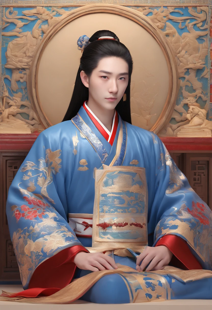 Blue and white porcelain in the British Museum,tmasterpiece,超高分辨率,(真实感:1.4),RAW photogr,Bust photo,1boys,deep shading,low tune,cold light,Incredibly handsome,the detail,18yr old,Emotionally rich,The face is clear,Chinese outfit